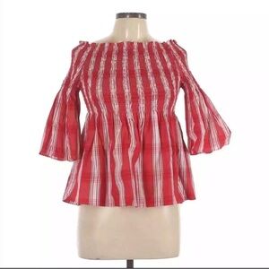 Zara red white plaid smocked off the shoulder bell 3/4 sleeve cotton top